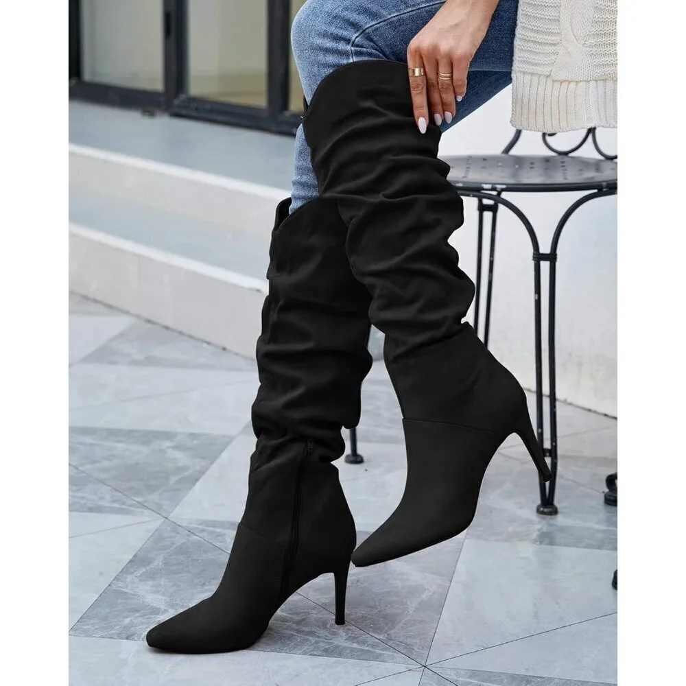 🆕Womens Faux Suede Black Knee High Almond Toe Side Zipper Stiletto Heel Booties